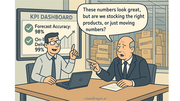 Infographic showing KPI blind spots in supply chain reporting for executive audiences.